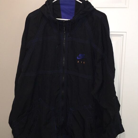 Vintage NIKE AIR retro Nylon Black Blue stripe hoodie hooded jacket-M oversize - Picture 4 of 10